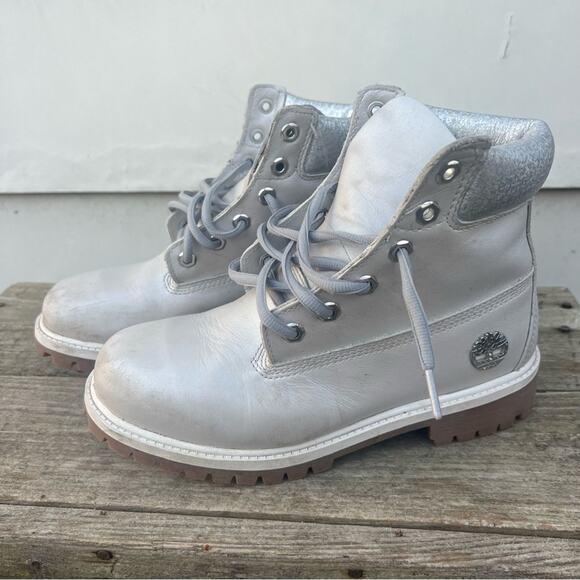 Timberland Metallic Gray Collar Waterproof Premium 6” Boots Girls Size 5 A5SUW - Picture 4 of 8